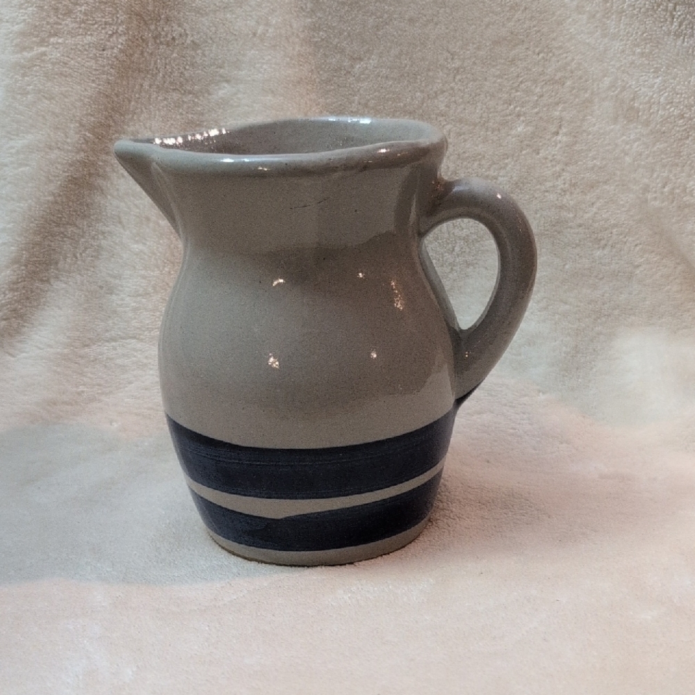 Gray and Blue Ceramic Vintage Double Blue Stripe Pottery Pitcher 4.75"